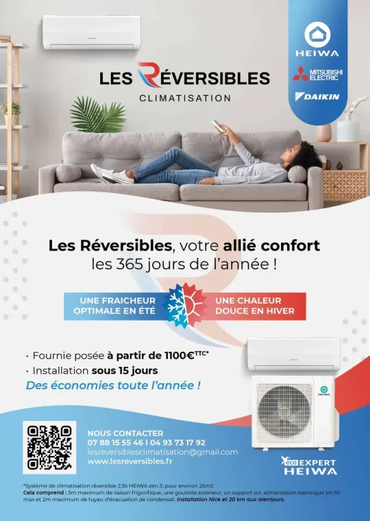 Installation de système de climatisation HEIWA 2.5kW à partir de 1100 euros TTC sur Nice, Nice, LES RÉVERSIBLES